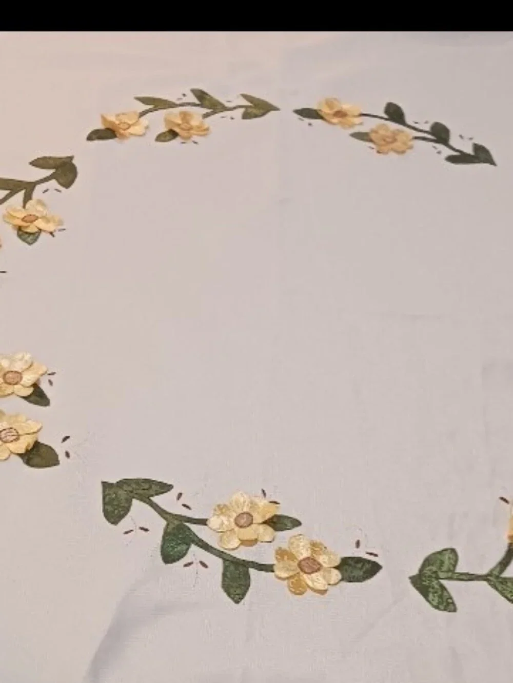 Vintage Tablecloth yellow Round 3d Flowers Sateen